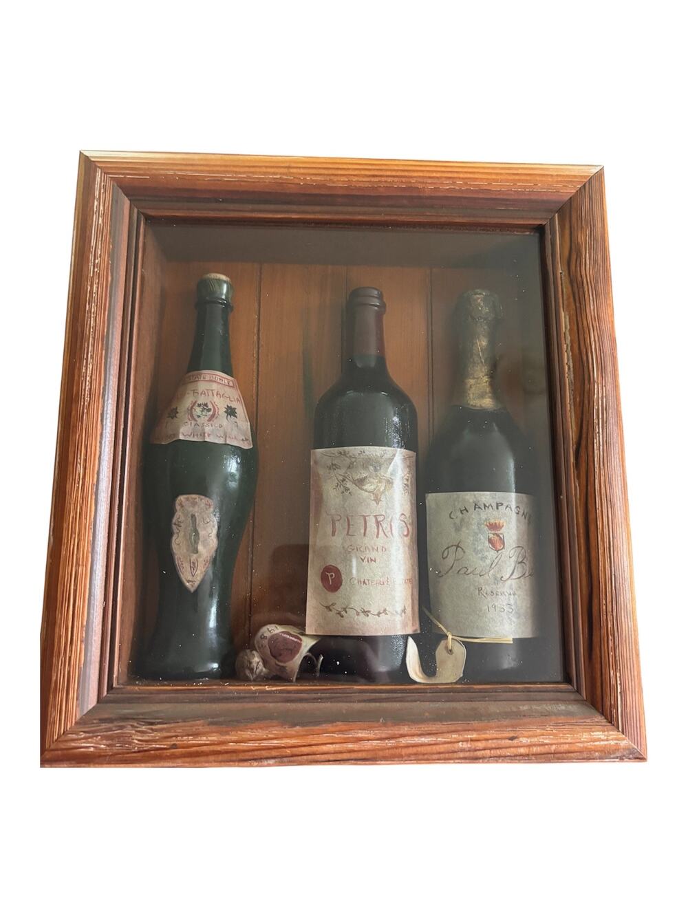 Vintage 3D Shadow Box Wood Framed Art w/ Mini Wine Bottle Diorama